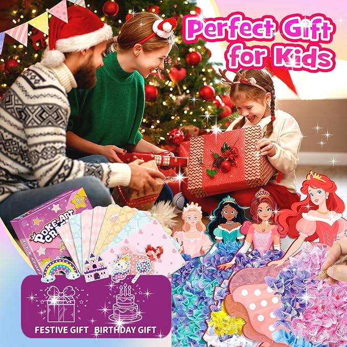Poke in Fun Magical Princesses Kit, Arts and Crafts for Girls with 8 Magical Princesses, Mess-Free Fun for Kids, DIY Craft Kits, Gifts for Girls & Boys Ages 3-12