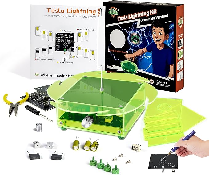 STEM Science Building Kit for Kids–Electronic Tesla Lightning Kit–Easy DIY Science Gadgets & Crafts–Unique Educational Gift Toys for Fun and Learning(Soldering Version) (Fire Wheel-Fluorescent Green)