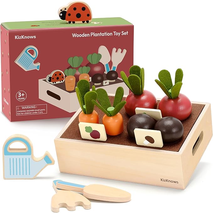 Wooden Play Food Set for Kids Kitchen Accessories, Montessori Gardening Playset for Kids Pretend Play Food, Plant & Harvest Toy Kit, Educational Toy Gift for 3 4 5 6 7 Years Old Boys Girls