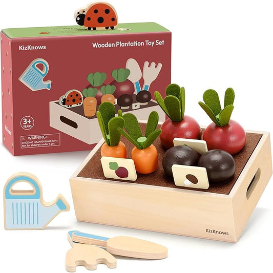 Wooden Play Food Set for Kids Kitchen Accessories, Montessori Gardening Playset for Kids Pretend Play Food, Plant & Harvest Toy Kit, Educational Toy Gift for 3 4 5 6 7 Years Old Boys Girls
