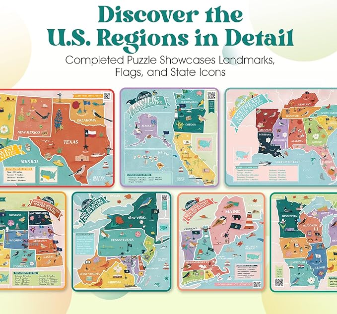 Geotoys USA Regional Jigsaw Puzzles Bundle - Set of 7 Educational Games for Kids 8-12 of Age - 250 Piece Puzzles for Kids Featuring New England, Midwest & More - Regional US Map Puzzle with Flags
