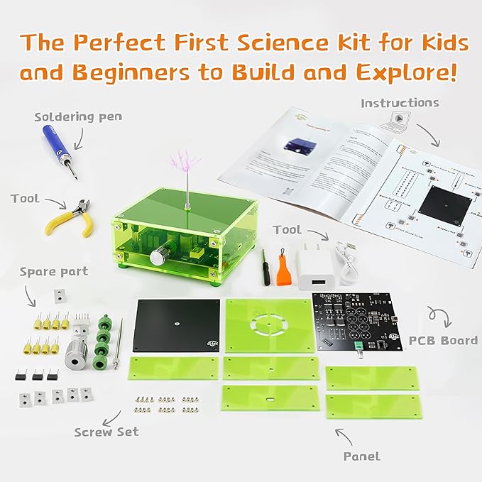 eUda+ STEM Tesla Lightning Kit – Easy DIY Electronic Science Kit – Perfect Christmas STEM Gift for Kids – Fun Hands-On Learning & Building Toy (Soldering Version, Rectangular-Fluorescent Green)