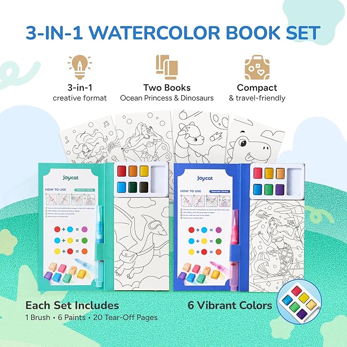 JoyCat 2 Pack Pocket Paint with Water Coloring Books for Kids, Art & Craft Activity Toy Set, Creative Travel & Home Painting Kit, Gifts for Girls & Boys Ages 3-8 (Ocean Princess & Dinosaurs)
