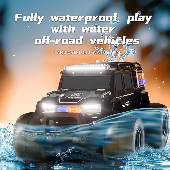Threeking 1:14 Waterproof Rc Police Cars Amphipious Remote Control Car SUV Truck Indoor Outdoor Toys with Police-Siren Lights for 6 7 8 9 10 11 12 Year Old Kids Boys Girls Gifts Presents