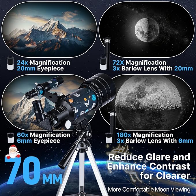 FREE SOLDIER Telescope for Kids 70mm Aperture Astronomical Refractor Telescopes for Beginners (15X-150X) 300mm Telescope for Adults High Powered with A Phone Adapter & A Wireless Remote (Spaceman)