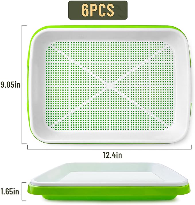 Pack 6 of Seed Sprouter Tray with Drain Holes,Seed Germination Tray Kit BPA Free Nursery,Soil-Free Wheatgrass Sprouter Microgreens Growing Kit (Green-6 Pack)
