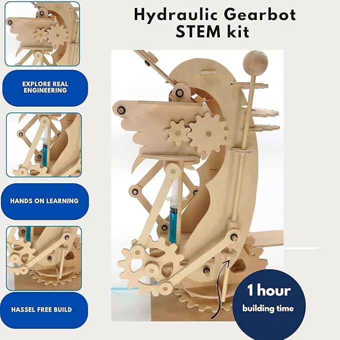 Pathfinders Stem kit- Hydraulic Gearbot – Wooden STEM Building Kit for Kids 8+ | Build-It-Yourself Hydraulic Robot with Gears & Launcher | Educational Engineering Toy & Gift for Boys and Girls