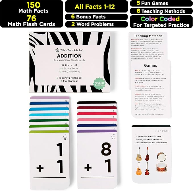 Think Tank Scholar Addition Flash Cards - 150 Facts 1-12 - Award Winning Math Flashcards for Toddlers 2-4 - Kids Ages 4-8 in Kindergarten, 1st, 2nd, 3rd Grade & Homeschool - Teaching Methods & Games