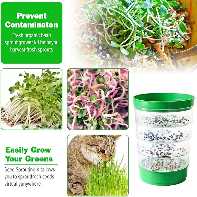 4-Tier Sprouts Growing Tray,Microgreens Growing Kit with Sprout Lid, Blackout Sleeve & Drain Tray,Stackable Sprouts Growing Kit,Soil-Free Seedling Box for Beans Alfalfa Seeds(NO Seeds)