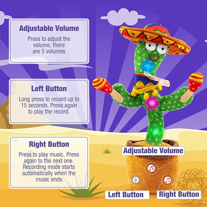Ayeboovi Dancing Talking Cactus Baby Toy, Stocking Stuffers for Kids, Recording Toy Repeats What You Say, Adjustable Volume Singing Cactus with 120 Songs, Dancing Toy Gifts for Kids Toddlers Girls