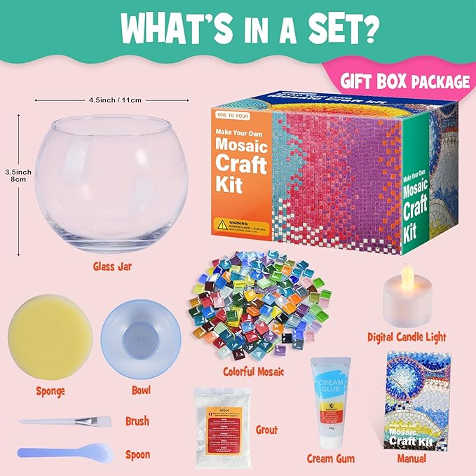 Glass Mosaic Candle Holder Kit – DIY Mosaic Kits for Adults & Crafts for Girls 8-12 – Arts and Crafts for Kids, Tealight Candle Holder for Home Decor, Toys Girls Birthday Christmas Gifts Ages 6 7 8-12