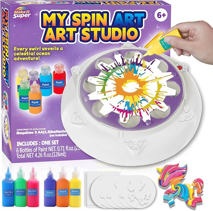 Make It Super Spin Art Machine Kit for Kids, Toy with Origami Artwork, Thicker Splatter Guard, Gift Boys Girls