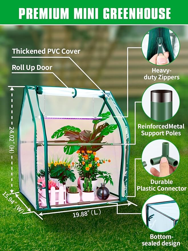 Mini Greenhouse Indoor, Mini Green House with Grow Light, 15W Full Spectrum Plant Lights & Timer for Seed Starter Tray, Indoor Outdoor Plants 24"x16"x20"