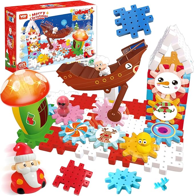 CORPER TOYS Christmas Gear Building Set for Kids，57PCS DIY Electric Gears Toy with Lights & Music & Pull Back Santa STEM Building Toy for Boys and Girls Ages 3+