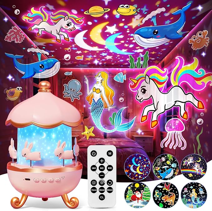 Christmas Gifts for Girls Toys, 15 Music+15 Films+315 Colors Night Light Projector, 360°+Remote+Cordless Star Projector for Kids, Mermaid Princess Gifts for Girls Room Decor, Pink Baby Toddler Toys