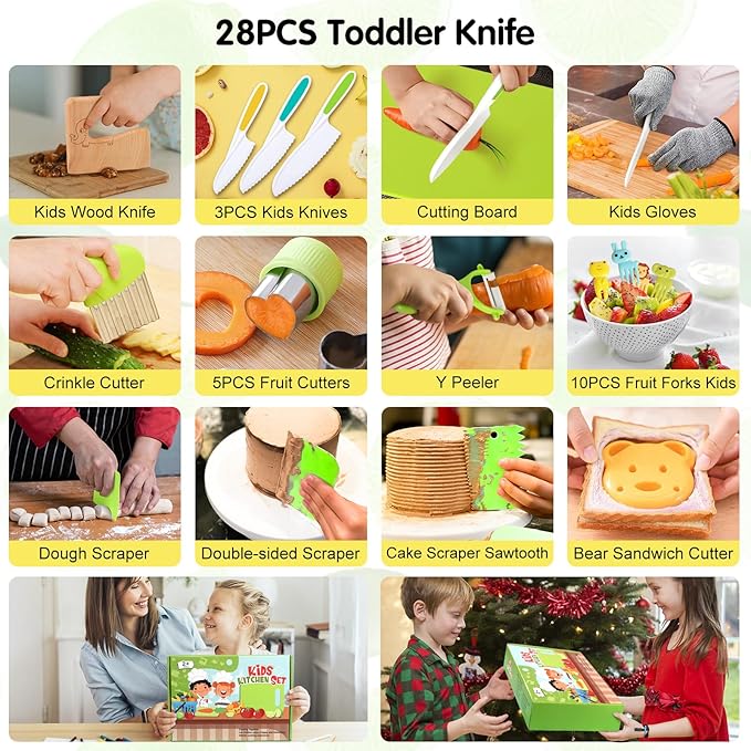 28PCS Toddler Knife Set - Kids Knifes for Real Cooking, Wooden Kids Kitchen Knife Set with Gloves Cutting Board Crinkle Cutters Kid Safe Knives, Toddlers Kitchen Tools