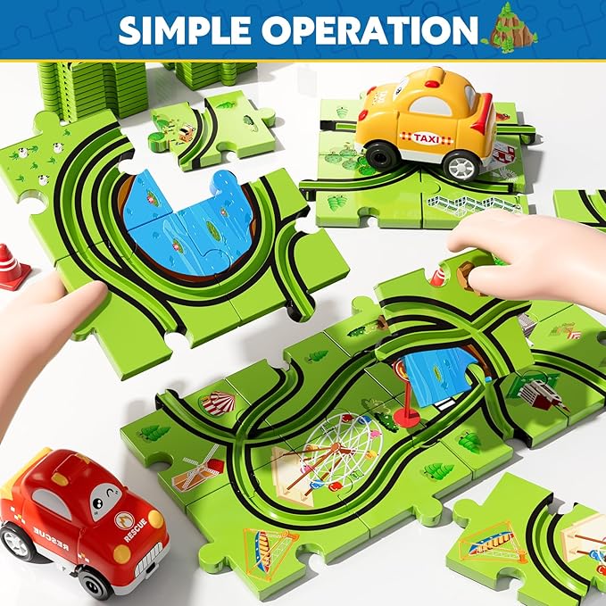 64 PCS Puzzle Track Car Set Toys for Kids Boys, Toddler Toys Gifts for 3 4 5 Year Old, Floor Puzzle Tracks Car for Boys Ages 3-5 4-6, for 3 4 5 6 Year Old