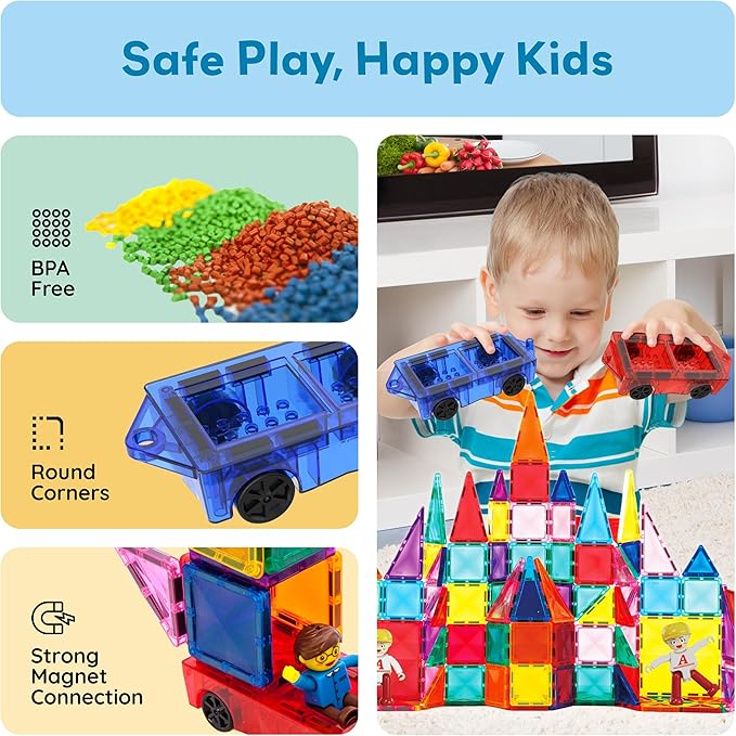 PicassoTiles 2 Piece Car Mini Truck Construction Kit Toy Set Vehicle for Magnetic Blocks Building Tile Sensory Magnet Toys Bricks STEM & Learning Educational School Puzzle Girls Boys Toddlers Ages 3+