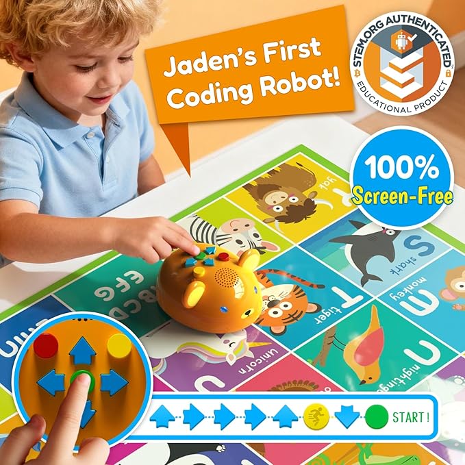 Robot Bear Screen-Free Coding Robot for Kids Ages 3-5, First Coding Toy with Lights, Sounds & Alphabet Map, STEM Learning Toy Birthday Gift for Boys & Girls