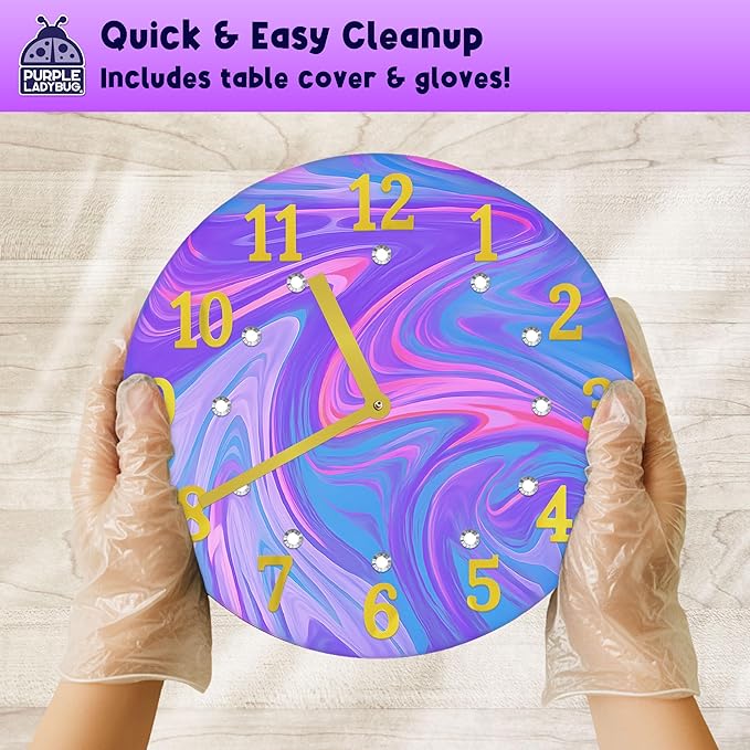 PURPLE LADYBUG Paint Pouring DIY Clock Kit - Arts and Crafts for Kids Ages 8-12, Painting Kit for Kids 6-8 - Gifts for 6-12 Years Old Girls & Boys Birthday & Christmas - Tween & Teen Girl Gifts Ideas