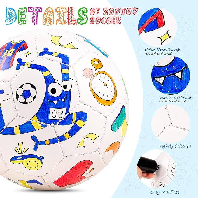 ZOOJOY Color Your Own Soccer Ball with Markers, Soccer Gifts for Girls Boys, Size 3 Monster Paint Personalized Arts and Crafts Kit for Kids, Ball Game Birthday Gift Toys for Toddlers 3-10