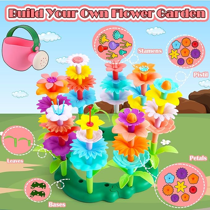 FUNZBO Flower Garden Building Toys Set - Christmas Birthday Gifts for Age 2 3 4 5 6 Years Old Girls, STEM Montessori Educational Toy for Toddler Kids, Sorting & Stacking Spring Gardening Set