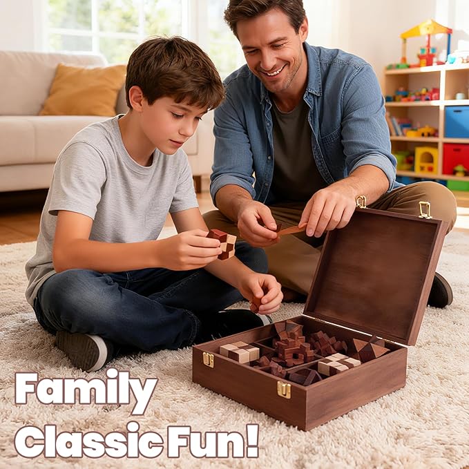 Wooden Brain Teaser Puzzles for Adults - Brain Teaser Puzzles with Wooden Box 3D Puzzle Game Toys for Adults Teens - Unlock Interlocking Puzzle Adults Teens IQ Education Smart Toys