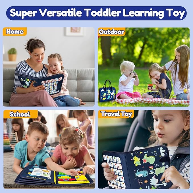 Qizfun Toddler Busy Board Montessori Toys – Sensory Busy Book, Educational Learning Travel Toy for Airplane & Car, Keeps Toddlers Entertained, Birthday Gifts for Toddler Boys Girls (Blue/P8)