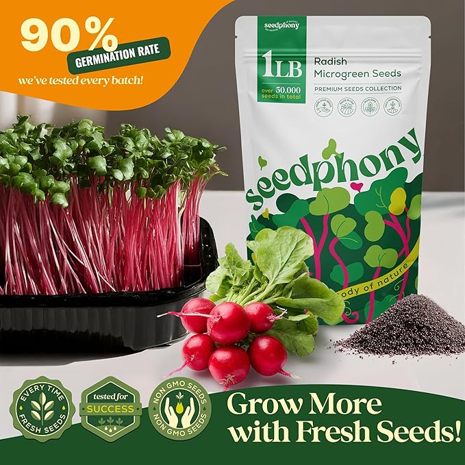 Radish Sprouting & Microgreens Seeds - 50,000 Non-GMO Heirloom Seed, 1lb Resealable Bag - High-Germination Radish Seeds for Sprouting in Jars, Soil, Hydroponics & Microgreen Trays