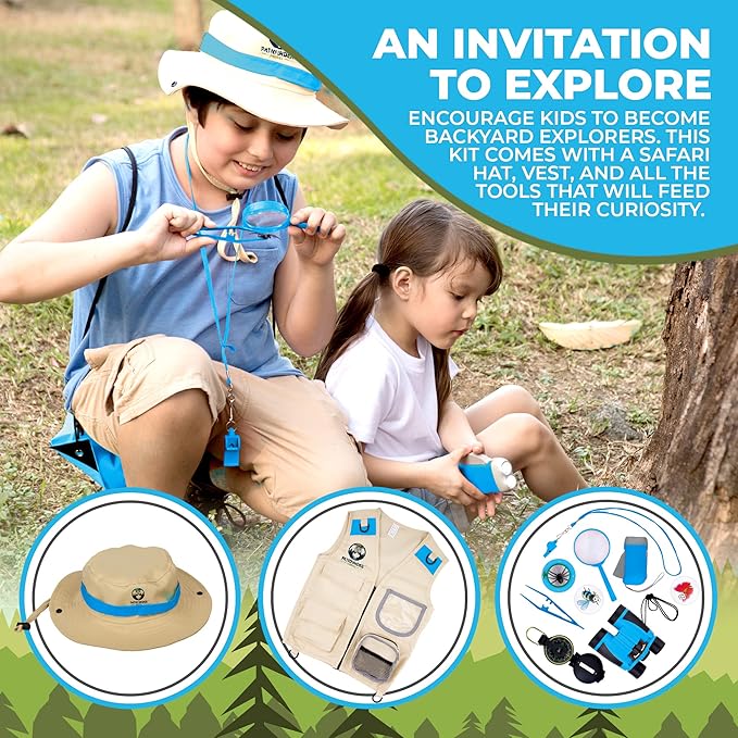 Kids Explorer Kit with Safari Vest & Hat for 7-12 Year Old Boys & Girls - Safari Costume & Dress Up as Zoo Keeper, Paleontologist - Giftable Outdoor Adventure Kit for Kids + Adventure Book