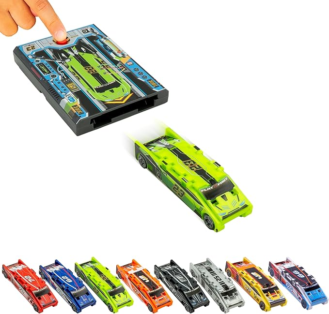 FLAT 2 FAST Original Stunt Card Racer – Flat Car Racer and Pocket Size Racecar Launcher with Built-in Button for Stunt Launching and Racing – Compact – Neon Green