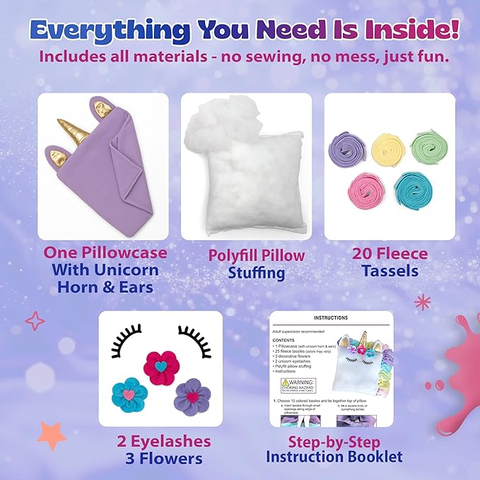 Unicorn Pillow Kit - No Sew Unicorn Craft Kit - Gifts for Girls, Arts and Crafts for Kids Ages 4-8 - Unicorn Toys for 6 Year Old Girl Gifts, Birthday, Easter, Toddlers, Teens