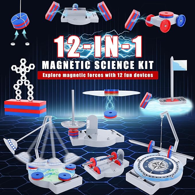NewFamily Physical Magnetic Science Kits for Kids，Introduction to Magnetic Physics Explore The World of Magnetic Physics Through 12 Small Devices