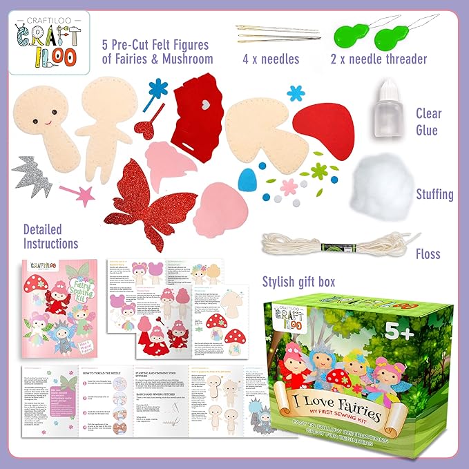 Fairy Sewing Kits for Little Girls 5 Easy Projects for Childrens Kid Crafts Make Your Own Felt Pillow Plush Craft Kit My First Sewing Kit Learn to Sew