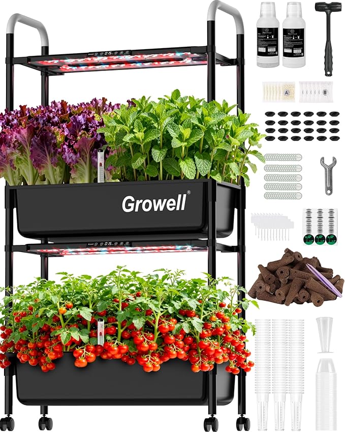 Large Hydroponics Growing System Kit, Vertical Indoor Herb Garden Kit with LED Grow Light & Independent Water Pump, 28L Movable Indoor Planter Perfect Gardening Gifts (2 Tier-54 Pods Black)
