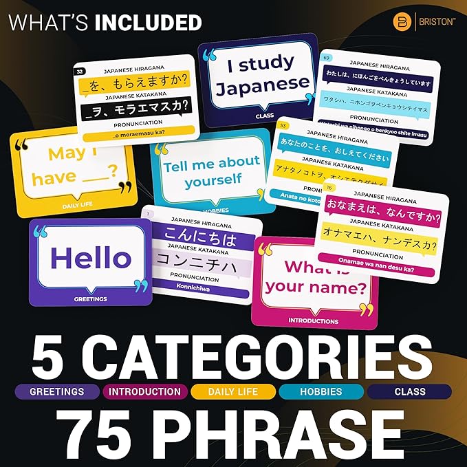 Briston Japanese Conversational Phrase Flash Cards – 75 Beginner Sayings with Audio Pronunciations Learn Japanese for Travel & Everyday Conversation Educational Language Learning Cards for Kids Adults