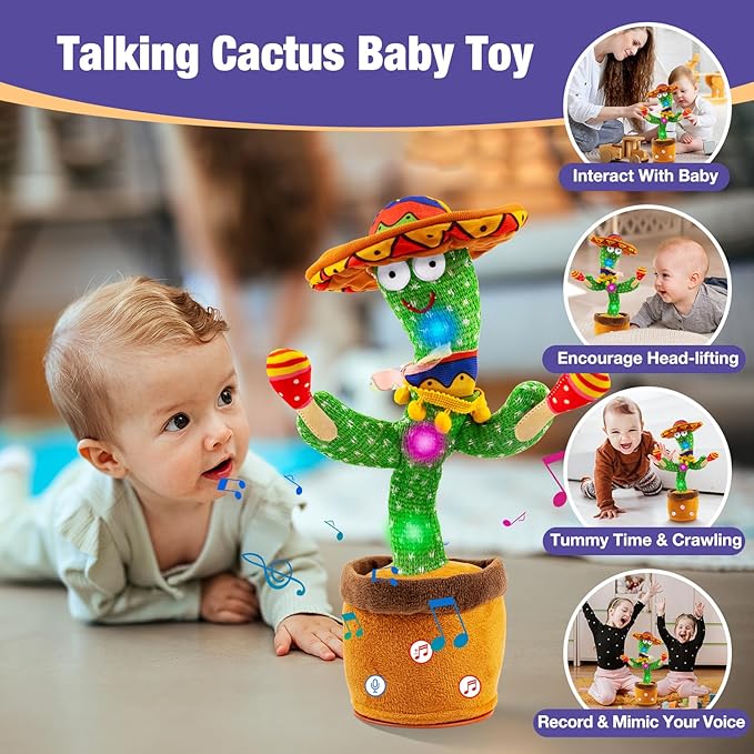 Ayeboovi Dancing Talking Cactus Baby Toy, Stocking Stuffers for Kids, Recording Toy Repeats What You Say, Adjustable Volume Singing Cactus with 120 Songs, Dancing Toy Gifts for Kids Toddlers Girls