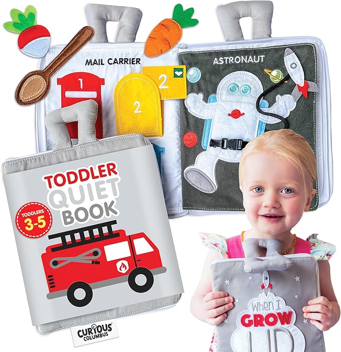 Curious Columbus Quiet Book Fabric Busy Book for Toddlers 3-5 - Airplane Toddler Travel Toys for Kids - Montessori Toy Preschool Activity Books - Fun and Educational for Toddlers