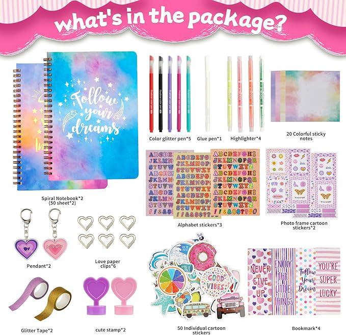 DIY Journal Kit for Girls - 2PC Stocking Stuffers for Teen Girls, Stationary & Diary Set, Christmas Birthday Gifts for 8 9 10 11 12 13 14 Year Old Girls, Scrapbook Supplies Art and Crafts Toy Kit