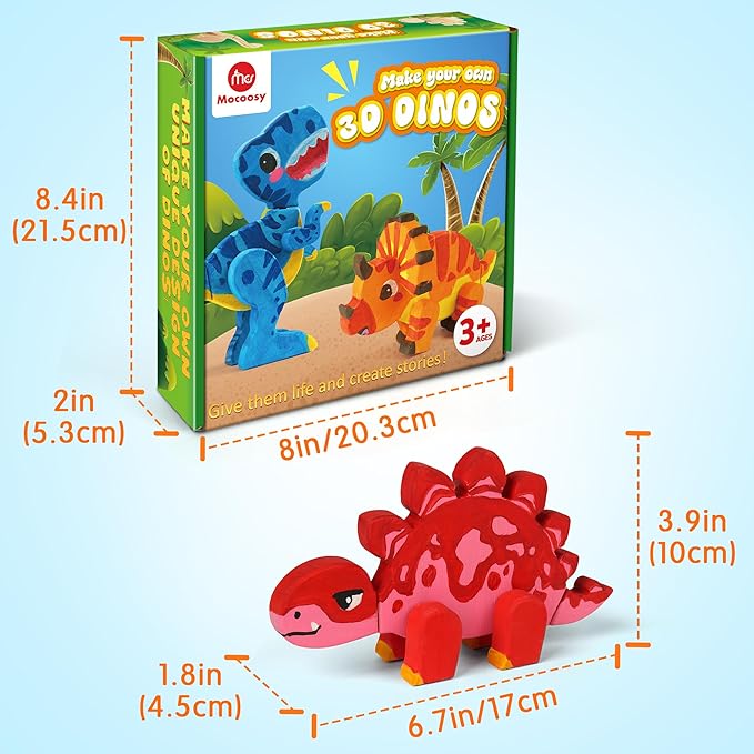 Mocoosy Wooden Dinosaur Painting Art and Craft Kit for Kids 3-5, Build & Decorate Your Own Dinos with Paint and Stickers, Wood Dinosaur T-Rex STEM Game Montessoi Toys Educational Gift for Boys Girls