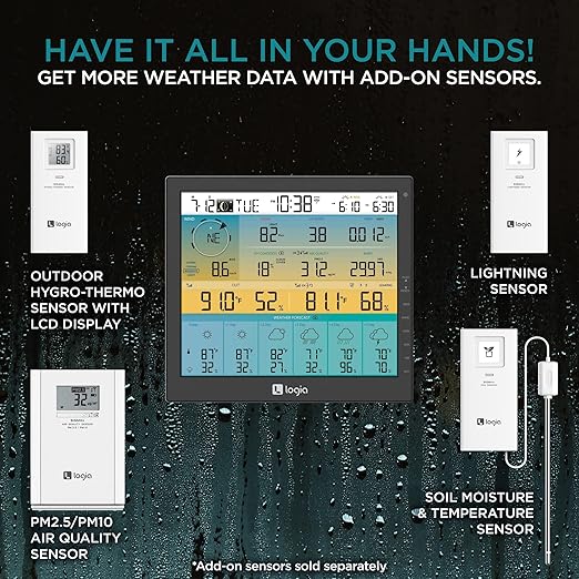 Logia 21-in-1 Wireless Weather Station with 7-in-1 Solar Sensor Array, 6-Day Forecast, Wi-Fi, Large 10" Color Display, Wind Speed/Direction, Rainfall, UV Index, Light Intensity, Temperature & Humidity
