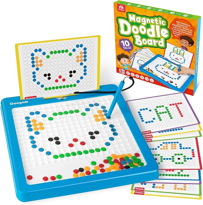 Coogam Magnetic Drawing Board, Large Magnet Doodle Board with Pen and Dot Beads, Color Shape Pattern Art Pad, Montessori Educational Traveling Toy Gift for 3 4 5 6 Years Old Toddlers