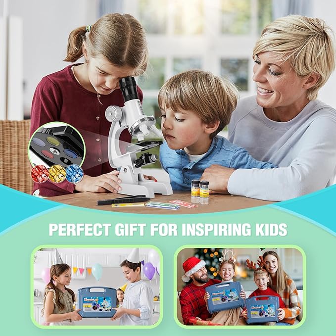 Kids Beginner Microscope Science Kit with 100X-1200X, 13 Prepared Slides & DIY Blank Slides, 18MM HD Len, LED Light Adjustable and ABS Box, Microscope for Kids 5-7 8-12