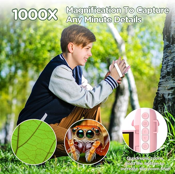 Microscope for Kids, 1000X Handheld Mini Portable Microscope with 8 Adjustable LED Lights, 2-Inch LCD Screen Pocket Microscope Camera for Toddlers-Education Christmas Birthday Gifts Toys for Girls