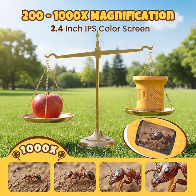 Handheld Digital Mini Microscope for Kids: 1000X 4K Portable Pocket 2.4" Screen Microscopes Toys STEM Electronic Learning Educational Science Kit 8-12 Birthday Gift 4 5 6 7 Year Old Boy Girl (Yellow)