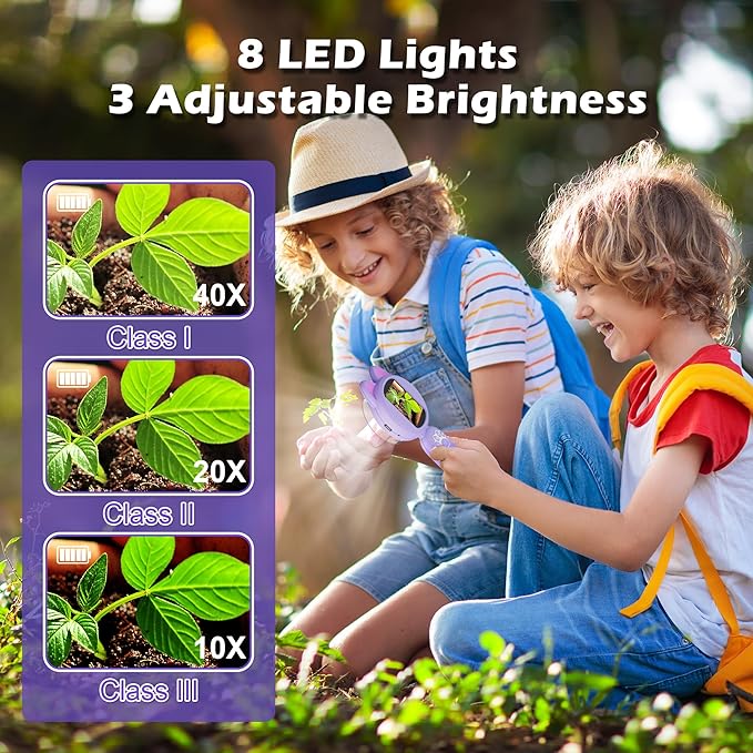Microscope for Kids, 2Inch IPS Screen Digital Microscope, Kids Miniscope with 8Led Lights, Portable Mini Scope for Kids Educational Science Toys, Birthday for Age 3-12 Years (Purple)