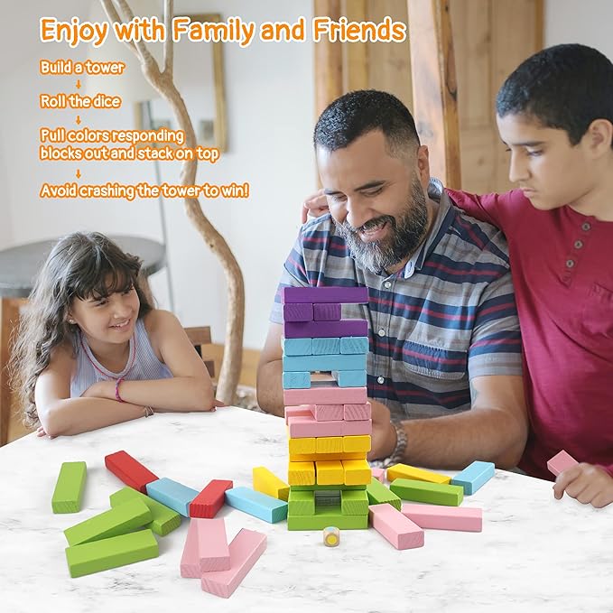 Gentle Monster Wooden Colorful Stacking Board Games Builing Blocks for Kids Boys Girls, 54 Pcs Wood Balancing Blocks Montessori Toy Gift for Kids, Classic Game for Party with Storage Bag