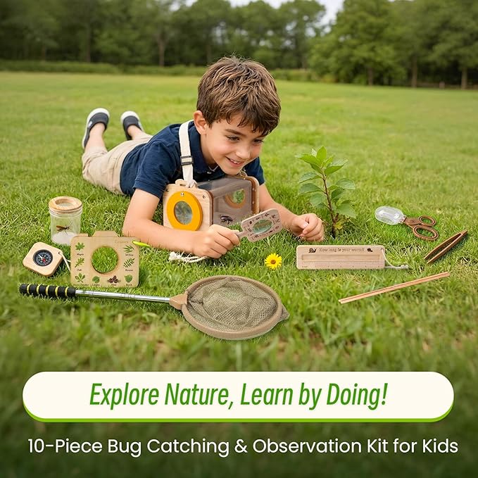 Bug Catcher for Kids, 10PCS Bug Catching Kit with Insect Cage, Butterfly Net, Magnifying Glass, Compass, Tweezers, ID Cards, Outdoor Explorer Kit Toys Bug Catcher Kit for Kids Boys and Girls Ages 3-12