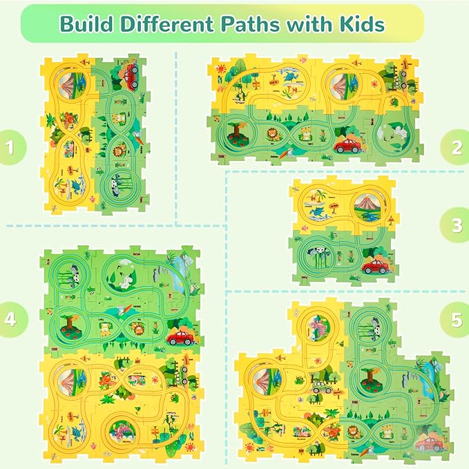 Plastic Floor Puzzles for Kids Ages 3-5 with 2 Cute Vehicles, Race Tracks for Kids 3-5, Puzzle Racer Kids Car Track Set, Toys for 3 4 5 6 Year Old Boys Girls, STEM Toys for Kids
