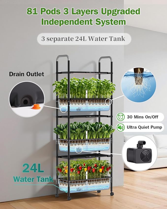 Large Hydroponics Growing System Kit, Vertical Indoor Herb Garden Kit with LED Grow Light & Independent Water Pump, 42L Movable Indoor Planter Perfect Gardening Gifts (3 Tier-81 Pods Black)